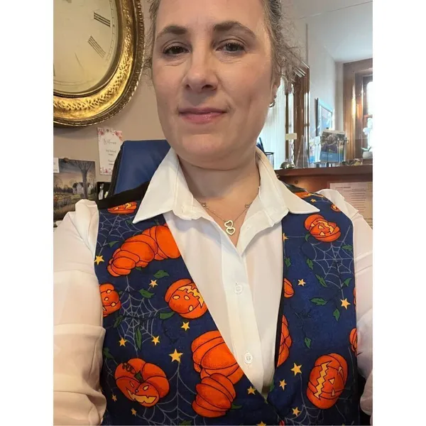 Halloween Pumpkin, Spider Web Fashion Blue, Orange, Green, Yellow Button Up Vest - Image 3
