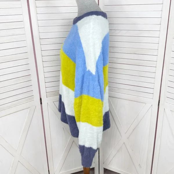 Aerie Flurry Rugby Stripes Fuzzy Oversized Crew Neck Sweater Blue Green Medium‎ - Image 4