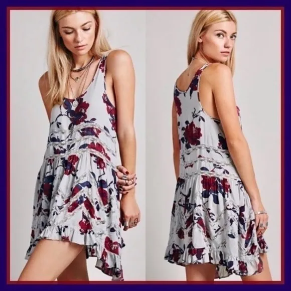 Free People Slip Dress Womens Small Grey Burgundy Voile Lace Trapeze Boho Mini - Image 3