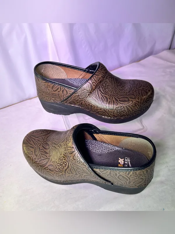 Dansko Brown Floral-Embossed Leather Clogs - Image 2