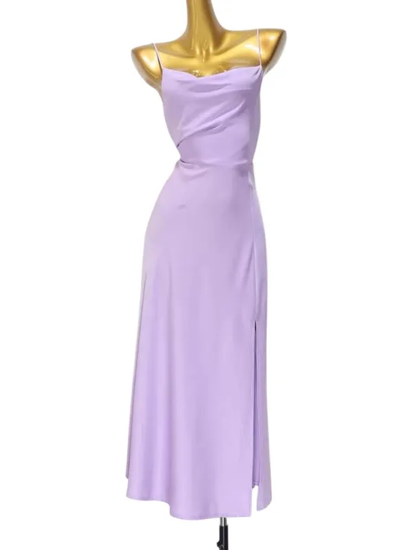 Selfie Leslie Lilac Suki Spaghetti Strap Cowl Neck Front Split Midi Dress - Image 5