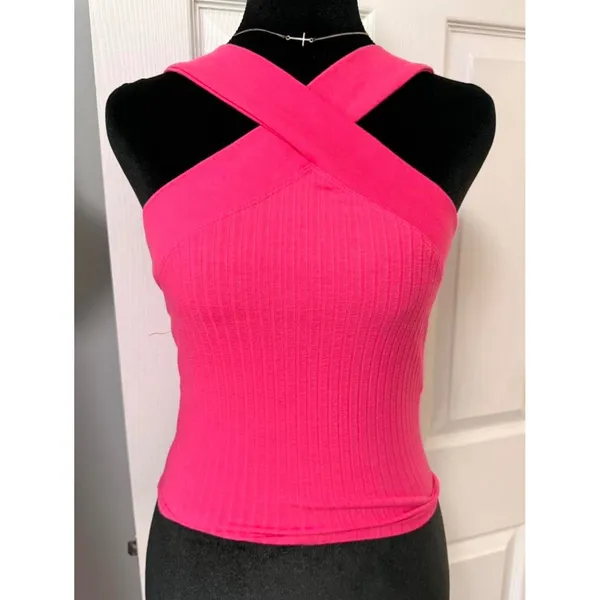 Zara Hot Pink Ribbed Halter Top Criss Cross Neck Sleeveless Knit Tank Small NEW - Image 2