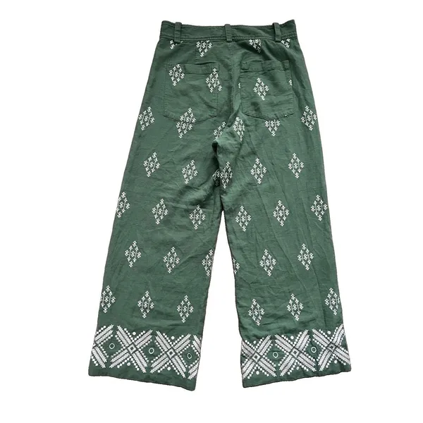 Zara Embroidered Trousers Size M High Waist Green Cropped Wide Leg - Image 3