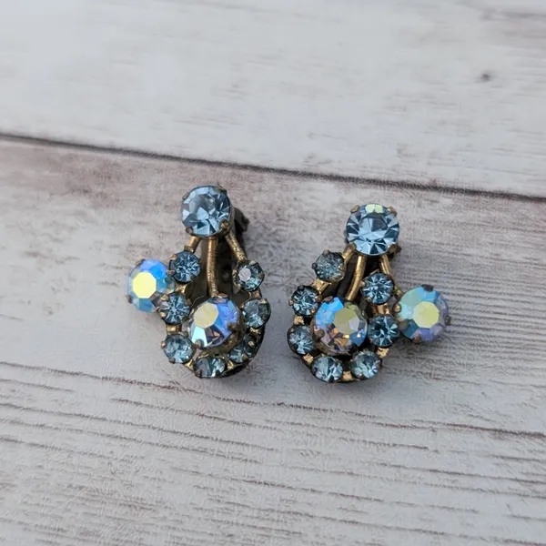 Vintage Clip On Earrings Iridescent Blue - Heavy Tarnish - Image 3