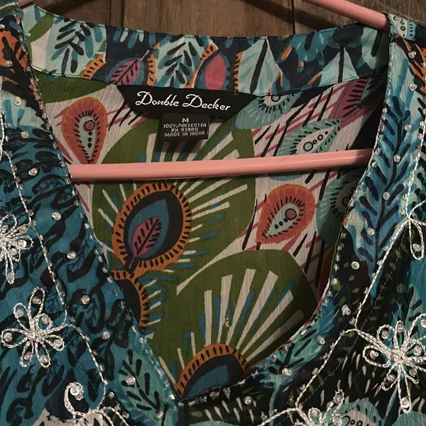 Double Decker Top Size M Sheer Tunic Beach‎ Cover Up Peacock Feathers Sequins - Image 3