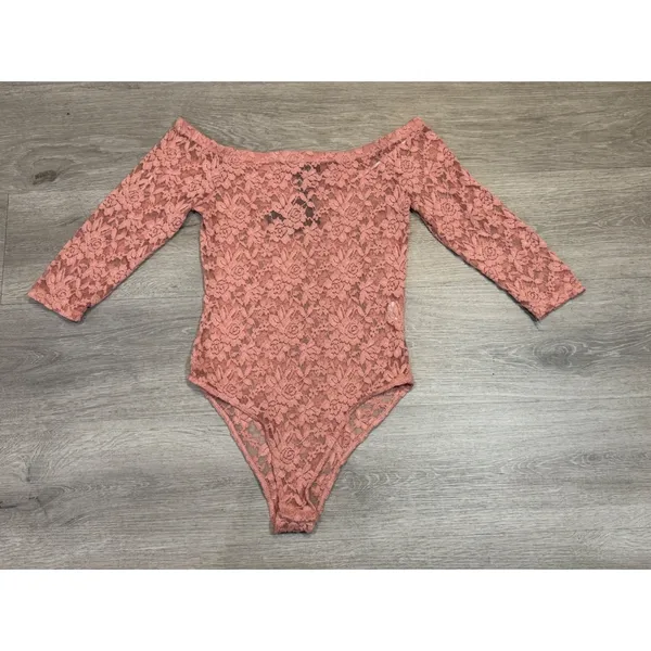 Coquette Dusty Rose Floral Lace Romantic Off Shoulder Bodysuit Sheer Y2K Small - Image 2