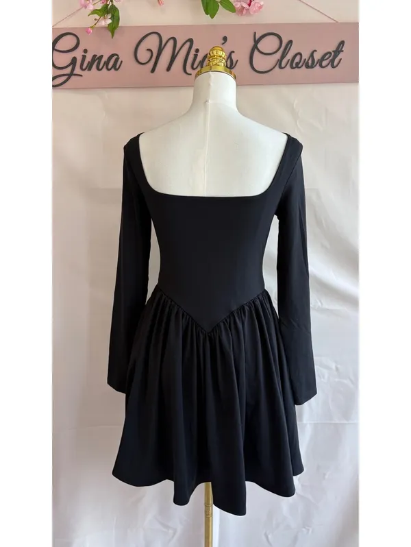 Black Long Sleeve Fit and Flare Dress with Square Neck and Waist Tie, Size Small - Image 2
