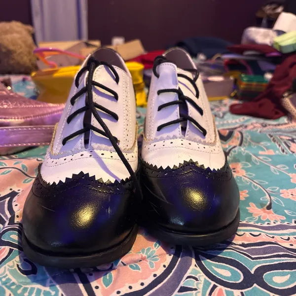 Block Heel Shoes Womens 38 Black White Lace Up Wingtip Oxford Retro Rockabilly - Image 3