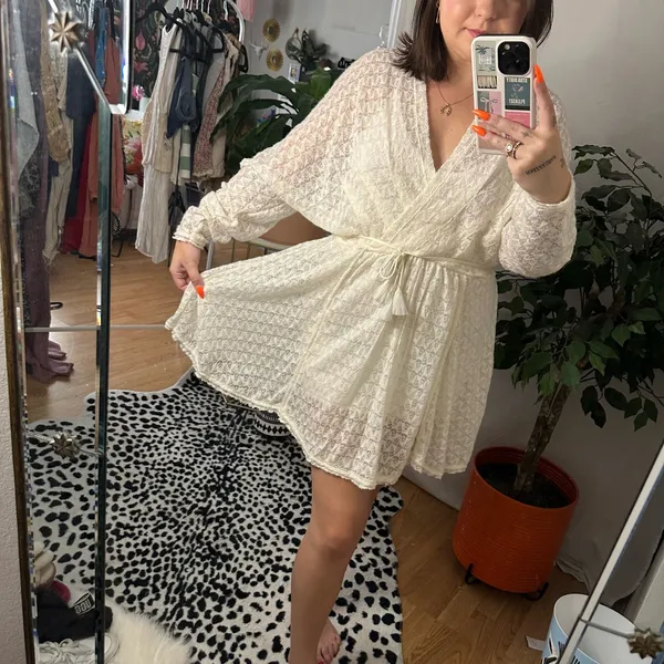 Free People Lace Sheer Long Sleeve Mini Dress Cream Size Small - Image 2