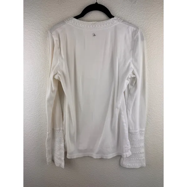 Prana White‎ Knit Crochet Trim V-Neck Long Sleeve Casual Top Womens XL Hiking - Image 4