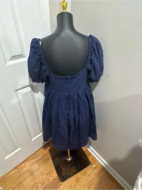 Lulus A Day In Paris Navy Blue Puff Sleeve Babydoll Dress L Cottagecore Cotton - Image 4