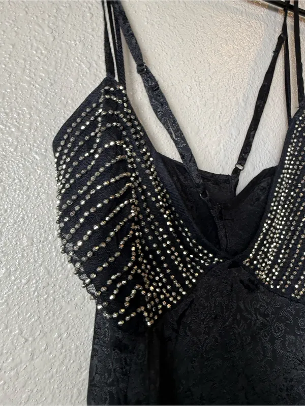 Free People Dress People Beaded Slip Mini Dress Black‎ Open Back Jacquard Size L - Image 4