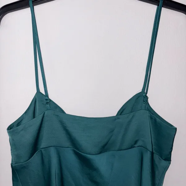 A New Day Emerald Green Slip Midi Satin Slip Dress with Front Slit - Image 6