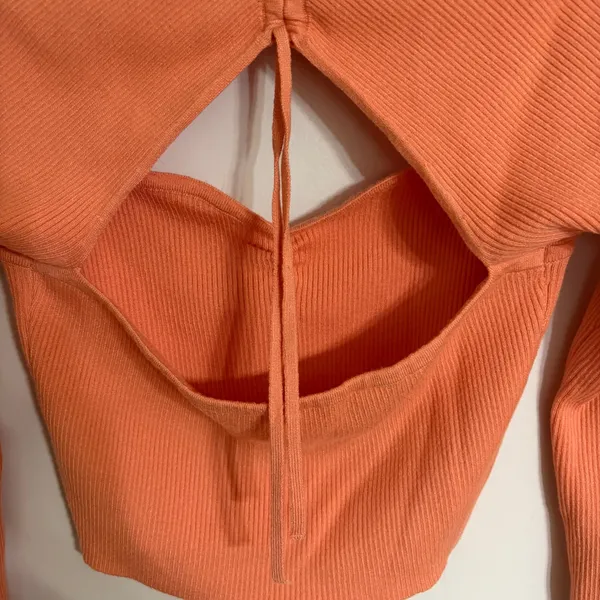 American Eagle Womens Ribbed‎ Long Sleeve Cutout Crop Top Coral Orange Large - Image 8