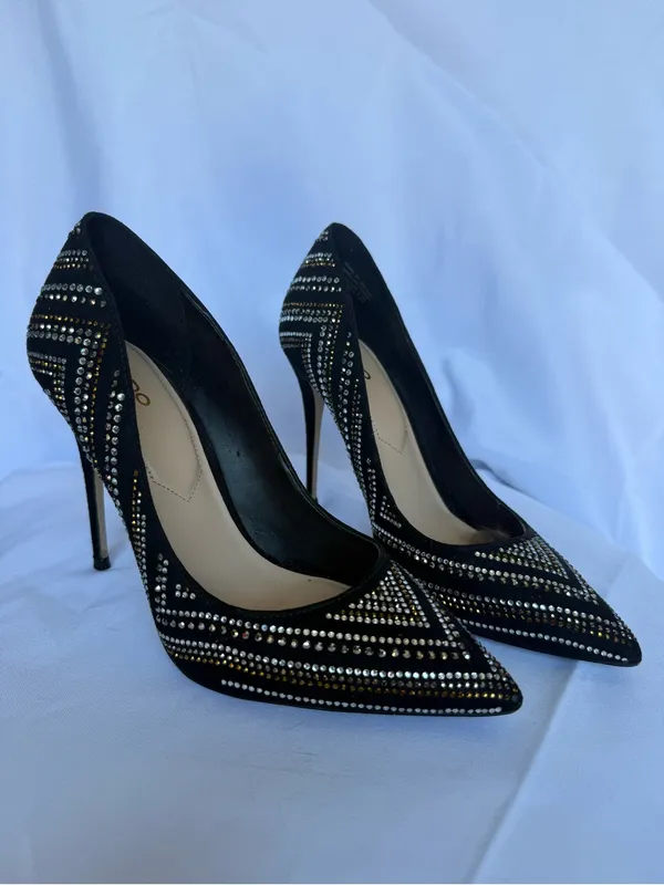 Aldo Lardonna Black Pointed Toe Stiletto Pumps Gold Silver Rhinestones Size 7 - Image 2