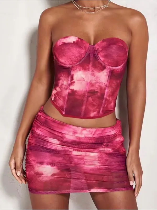 SHEIN Red Pink Tie-Dye Strapless Bustier Top - Image 3