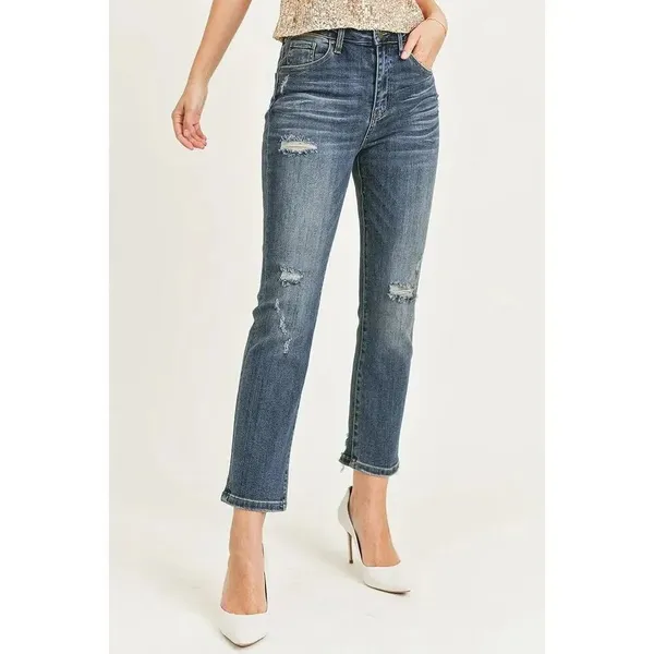 Risen Jeans Dark Wash Distressed Wide Leg Raw Hem 9/29 #776 - Image 2