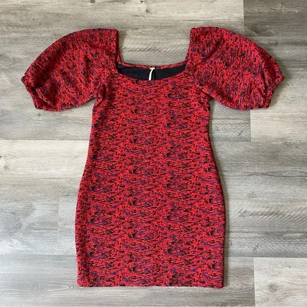 Free People Bodycon Dress Red Jacquard Balloon Sleeves Small Stretchy - Image 3