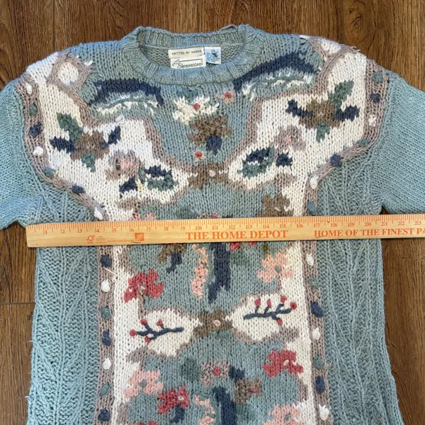 VTG 80s Extra Shenanigans Hand Knit Floral Sweater Blue Cottagecore Ramie sz 24‎ - Image 3