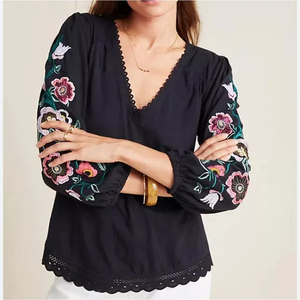 Anthropologie -531‎ Helene Embroidered Peasant Blouse Black Floral Size Small - Image 2