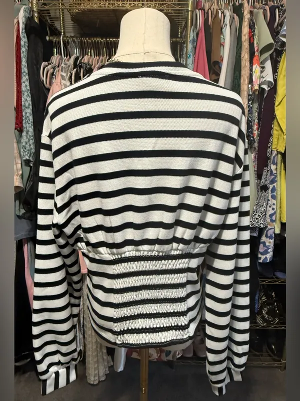 Anthropologie Maeve Striped Cinched Waist Long Sleeve Top M Black White - Image 4