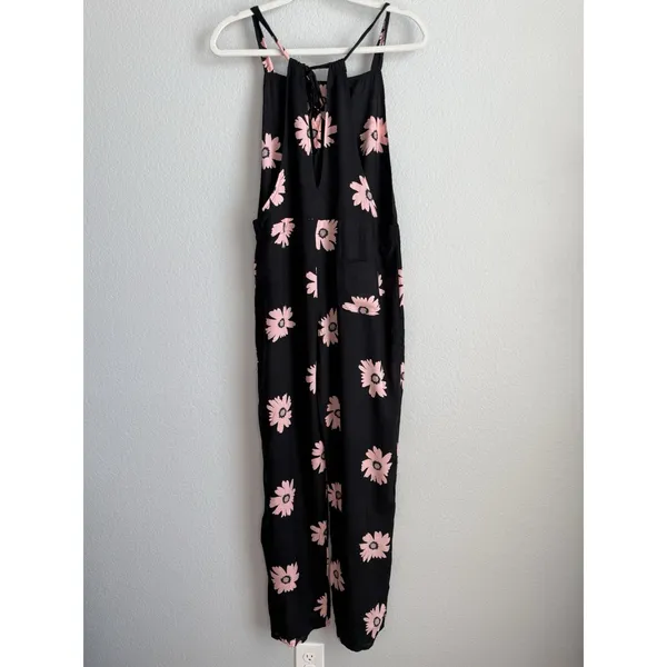 Wildfox Swim Daisy Overall Jumpsuit Black Pink Floral Wide Leg Sample Coverup S - Image 7