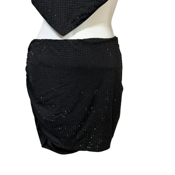 Edikted Black Rhinestone Handkerchief Halter Top & Ruched Mini Skirt Set Size M - Image 4