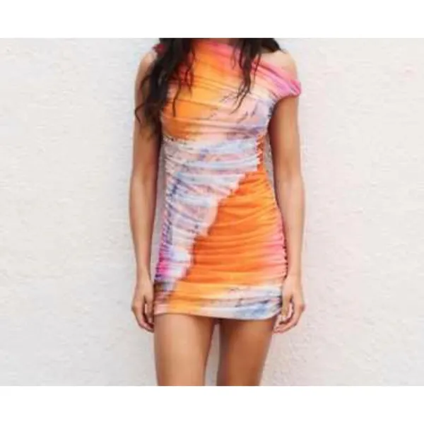 Zara Womens Ruched Mesh Mini Dress Abstract Sunset Watercolor Orange Pink medium - Image 3