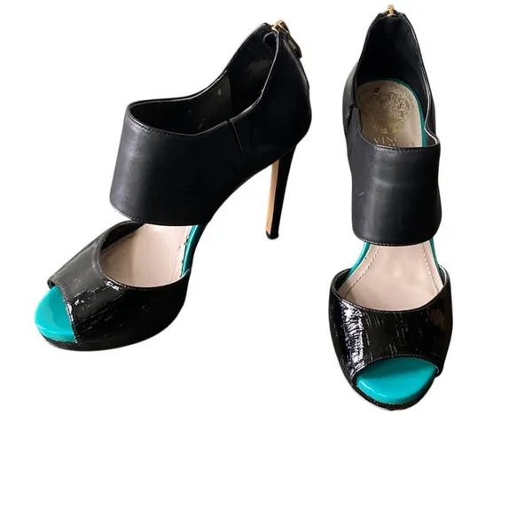 VINCE CAMUTO Leather Sandal Womens Sz 8.5 Black Platform Peep Toe - Image 2