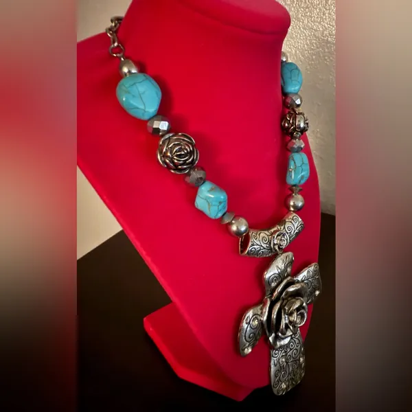 Ornate Silver Turquoise Cross Necklace | Western Boho Statement Chunky Religious - Image 6