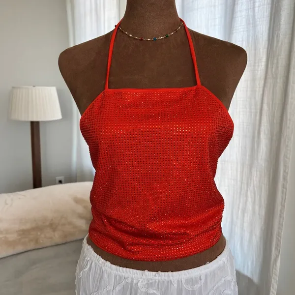 NWT Rhinestone Halter Top L Orange Scarf Bow Back Festival McBling Y2K Clubwear - Image 3