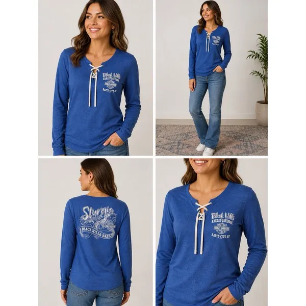 Harley-Davidson Scoop Neck Tie Lace Up Women’s Long Sleeve Rapid City See Pics - Image 2