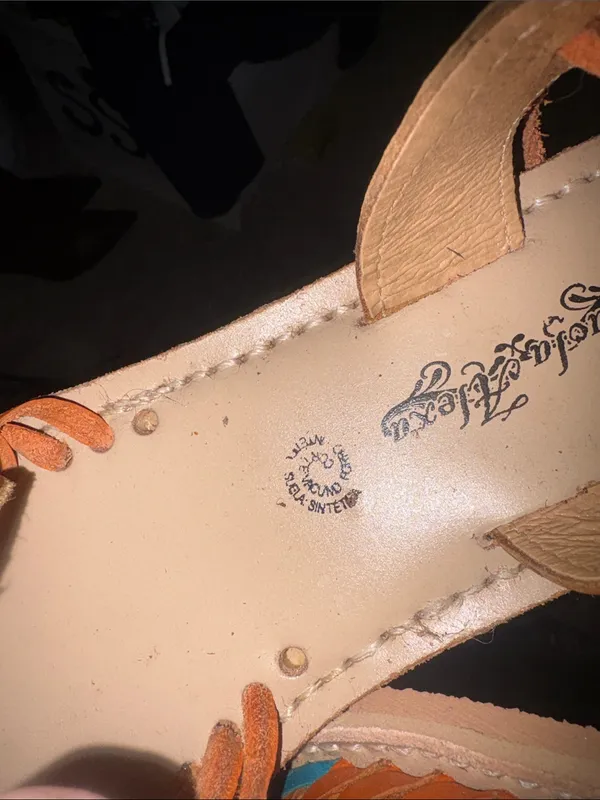 Paola Alexa mexican Brown Leather Floral Cutout Sandals with Orange Laces 8/9 - Image 6