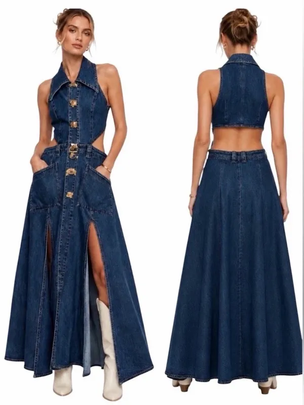 Urban Revivo NWT Denim Cut outs Front Dlits Halter Maxi Dress sz 6 - Image 2