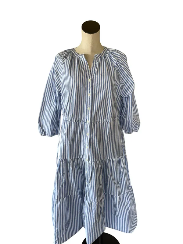 NWT Levi's Cecile Striped Tiered Midi Dress Blue White Button Front Puff Sleeve - Image 7