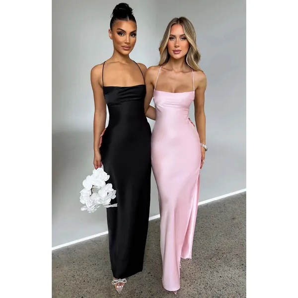 NWT Babyboo Makalita Blush Pink Satin Lace Up Back Slit Slip Maxi Dress Size XS - Image 8