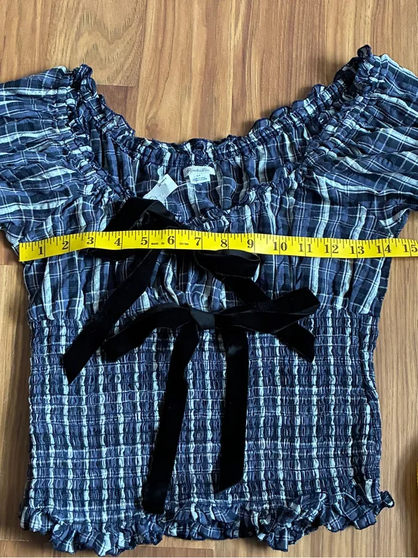 Kimchi Blue Marley Plaid Smocked Off Shoulder Blouse - Navy Blue Size S - Image 8