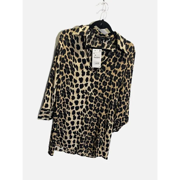 Zara Leopard Print Tunic Women Small‎ Tan Black V-Neck 3/4 Sleeve Animal Blouse - Image 2