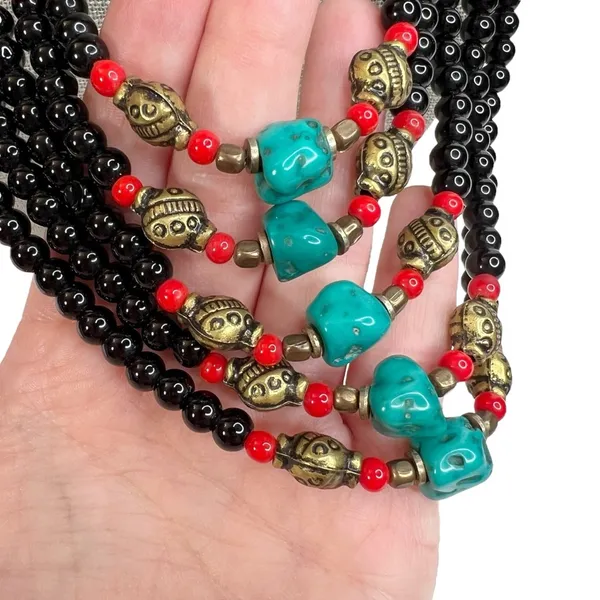 Faux Turquoise & Glass Beaded Multi Strand Layered Statement Bib Necklace - Image 4