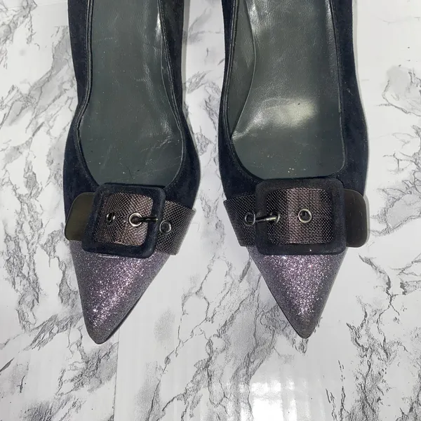 Stuart Weitzman Barrington Black Purple Glitter Buckle Heels Women's Size 9 - Image 3