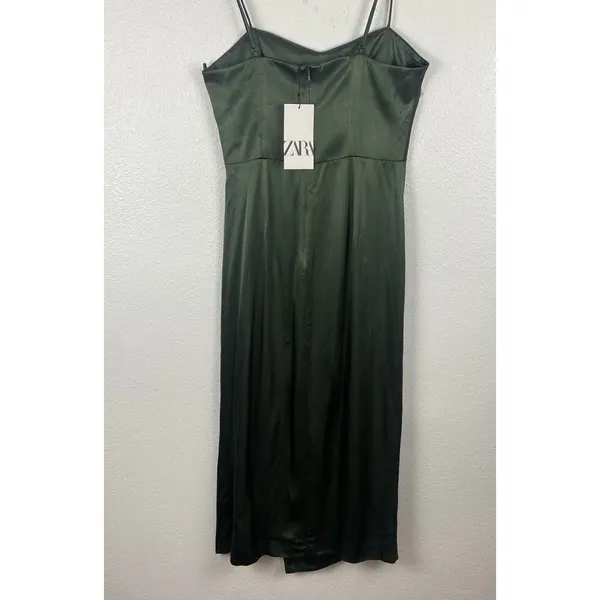 ZARA Green Satin Ruched Sweetheart Slip Midi Dress Spaghetti Strap Size S - Image 7