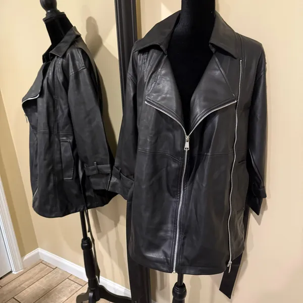 Faux leather jacket pu leather coat trench parka fall coat motorcycle jacket Black Size XS - Image 6