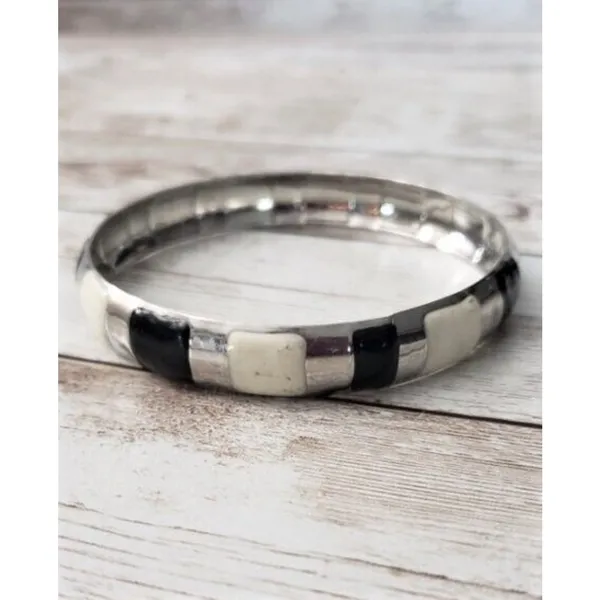 Vintage Bracelet / Bangle - Cream, Black & Silver Tone - Image 2