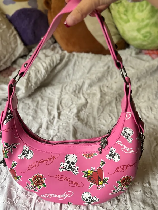 Ed Hardy Pink Floral & Skull Shoulder Bag - Image 7