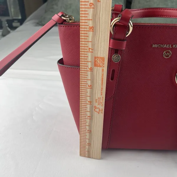 Michael Kors Red Saffiano‎ Leather Satchel Crossbody Bag Gold Hardware Tassel - Image 6