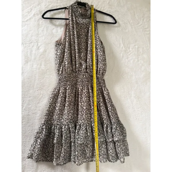 Olivia Grey Floral Smocked High Neck Mini Dress Tan Black Sleeveless‎ XS - Image 2
