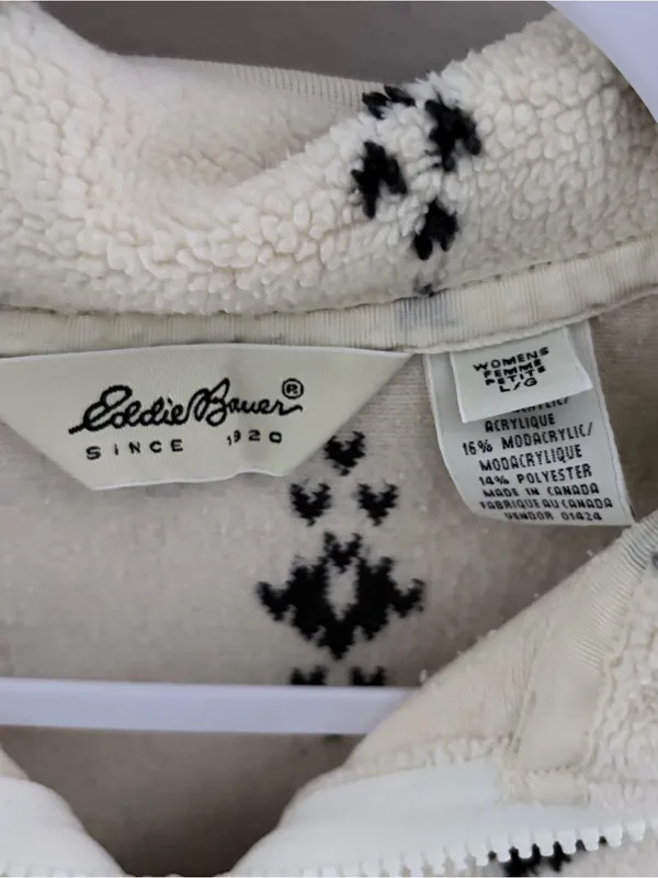 Eddie Bauer 90s Vintage Fleece Pullover Sweater Jacket Snowflake Fair Isle Large - Image 3