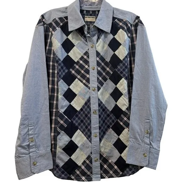 Free People Patchwork Argyle Plaid Oversized Blue Combo Chambray Shirt Small New - Image 4