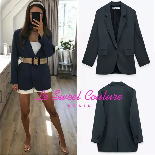 Zara OVERSIZED FLOWY BLAZER NAVY BLUE NEW - Image 2