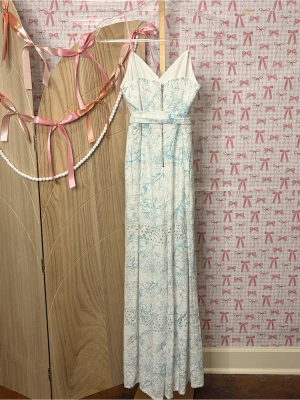 Alice + Olivia Shanti Blue & White Floral Toile Eyelet Wide Leg Jumpsuit XS 0/2 - Image 4